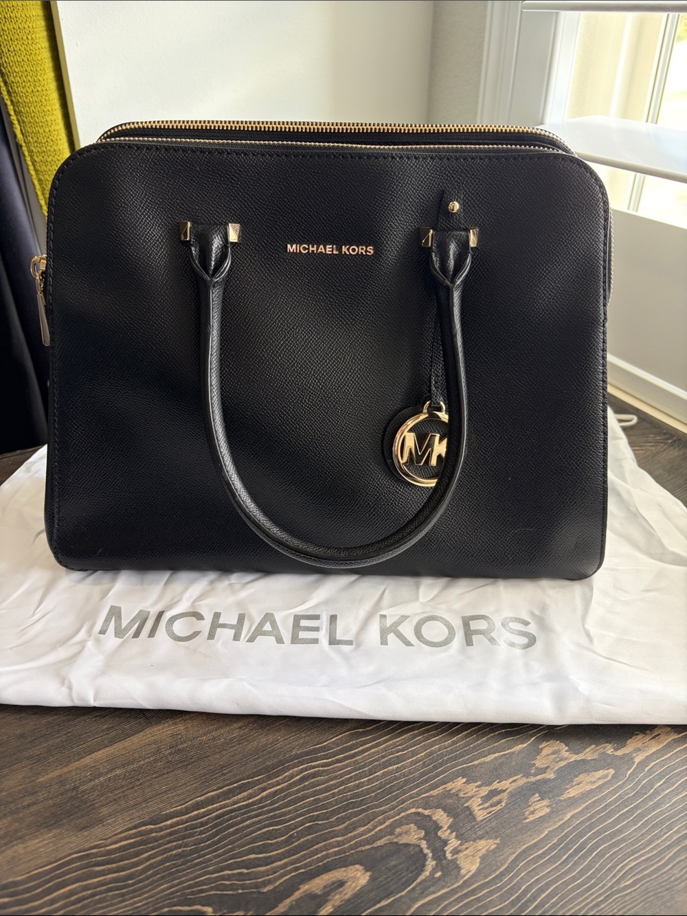 Michael Kors Black Leather Zip-Top Double Pockets Bag